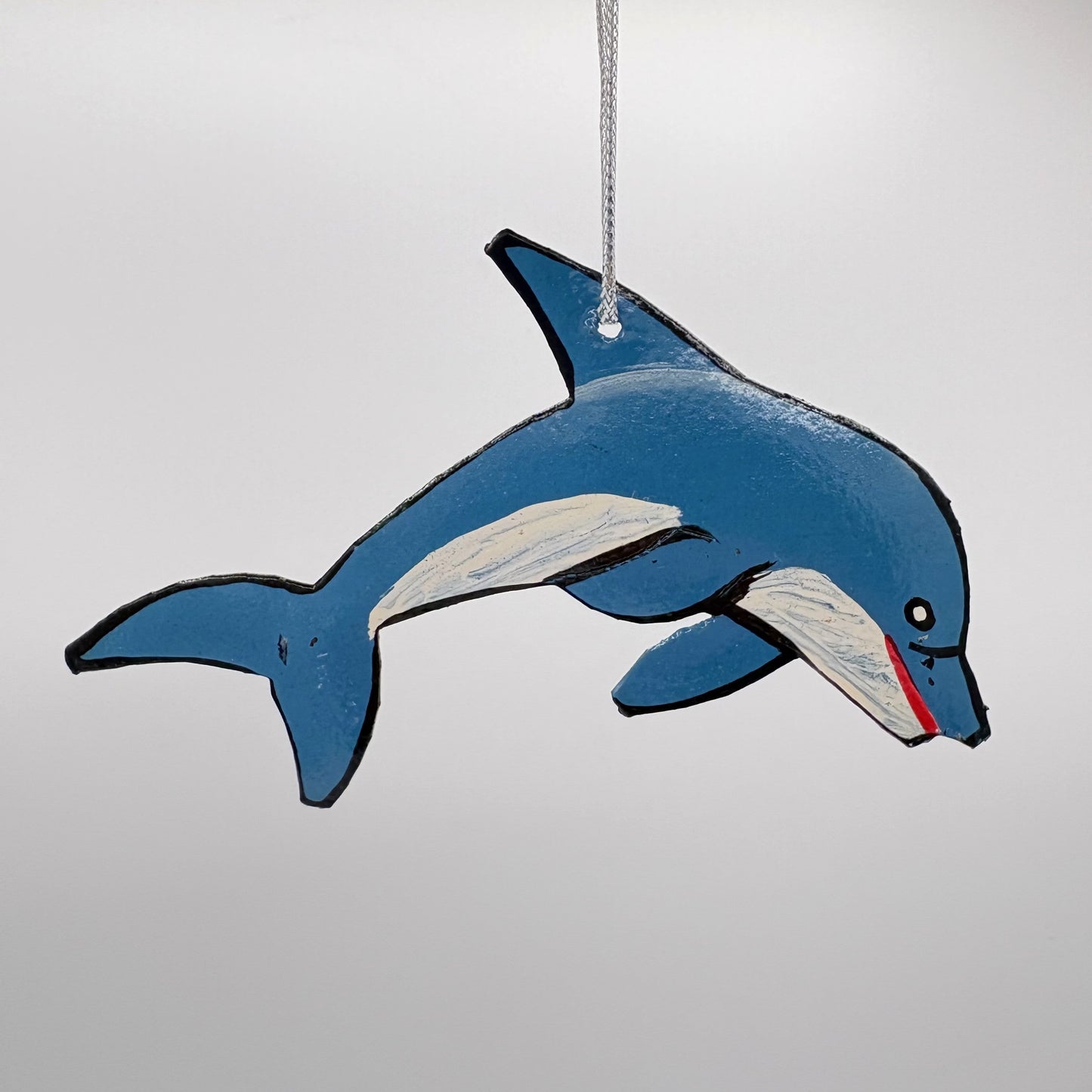 Decorative eco-friendly handcrafted upcycled metal dolphin ornament, fair trade handmade, sustainable