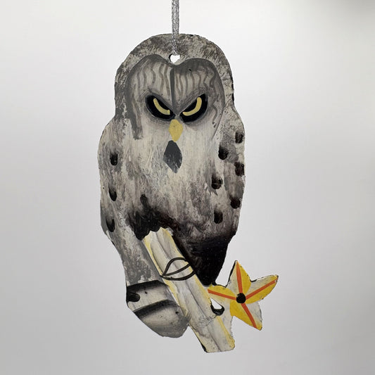 Sustainable handcrafted upcycled metal owl ornament, fair trade ethically handmade, eco-friendly