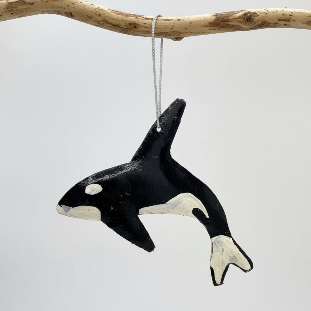 Sustainable handcrafted upcycled metal Orca Whale ornament, eco-friendly ethically handmade, fair trade, coastal decor