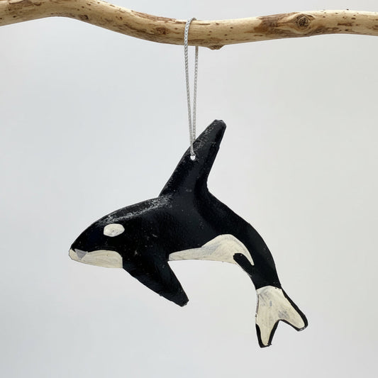 Sustainable handcrafted upcycled metal Orca Whale ornament, eco-friendly ethically handmade, fair trade, coastal decor