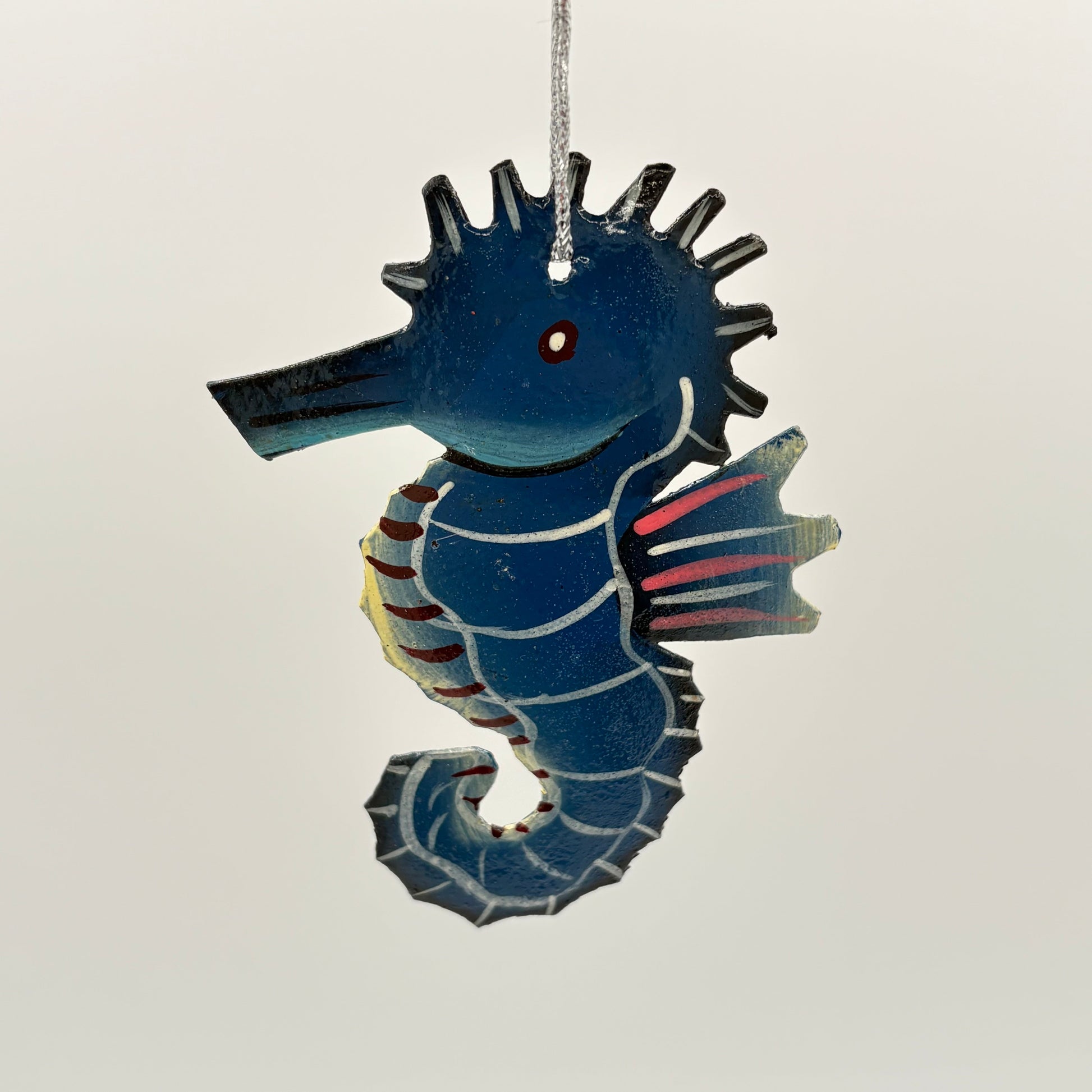 Eco-friendly Handcrafted Upcycled Metal Blue Seahorse Ornament, Fair Trade Sustainable Ethically Handmade