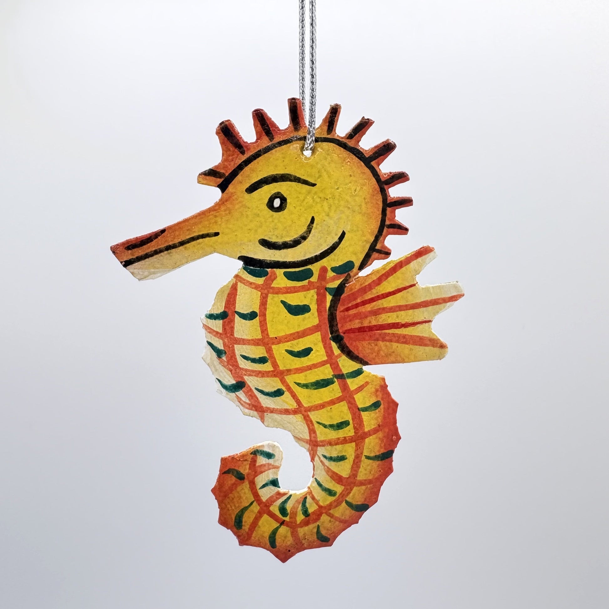 Eco-friendly Handcrafted Upcycled Metal Yellow Seahorse Ornament, Fair Trade Sustainable Ethically Handmade