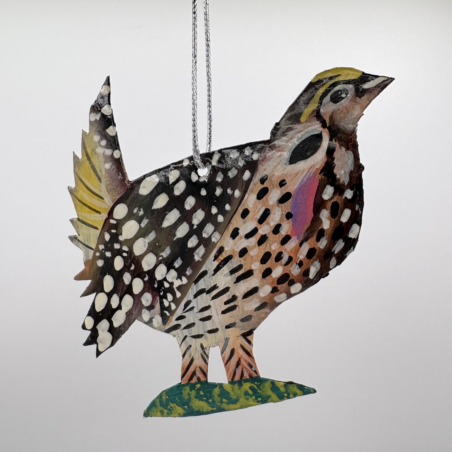 Sustainable handcrafted upcycled metal Sharp-tailed Grouse bird ornament, eco-friendly ethically handmade, fair trade