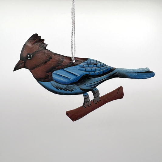 Eco-friendly Handcrafted Upcycled Metal Steller's Jay bird ornament, fair trade, ethically handmade, sustainable