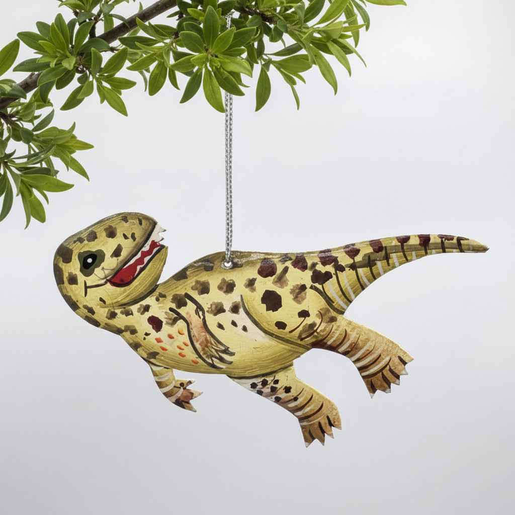 Sustainable handcrafted upcycled metal T-Rex Dinosaur ornament, eco-friendly ethically handmade, fair trade