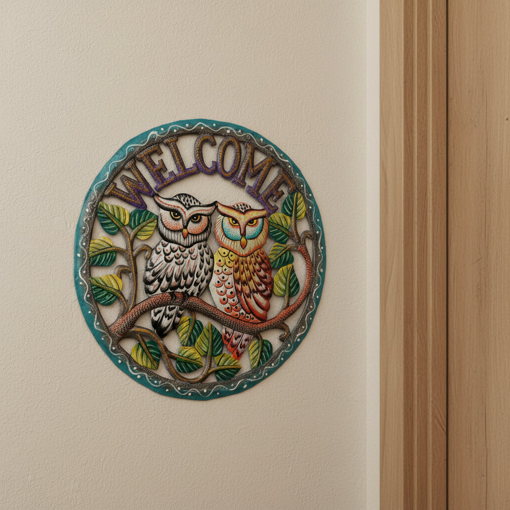 Fair trade eco-friendly handcrafted upcycled metal wall art welcome sign with a couple of owls on a branch, ethically and sustainably handmade