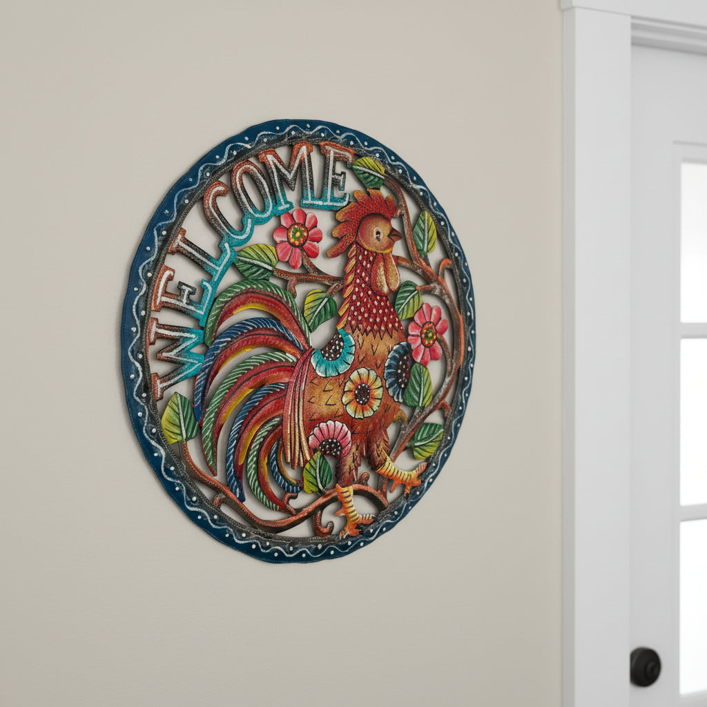 Fair trade eco-friendly handcrafted upcycled metal wall art welcome sign with a brightly colored rooster, ethically and sustainably handmade