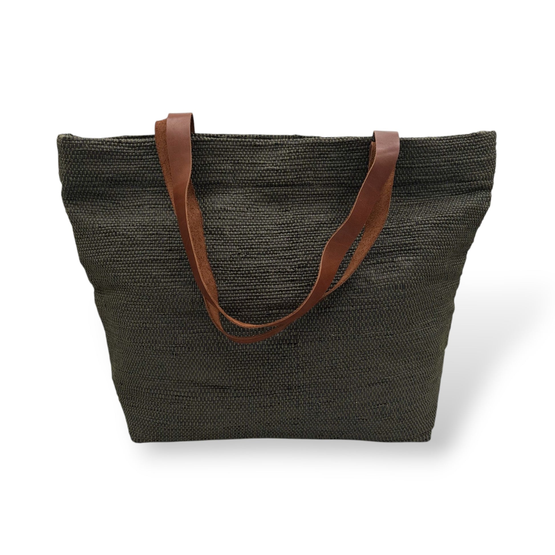 Upcycled Tote Bag with Leather Straps - Black & Olive