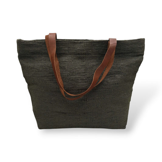 Upcycled Tote Bag with Leather Straps - Black & Olive