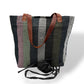 Upcycled Tote Bag with Leather Straps - Black, Pistachio & Pink Stripes