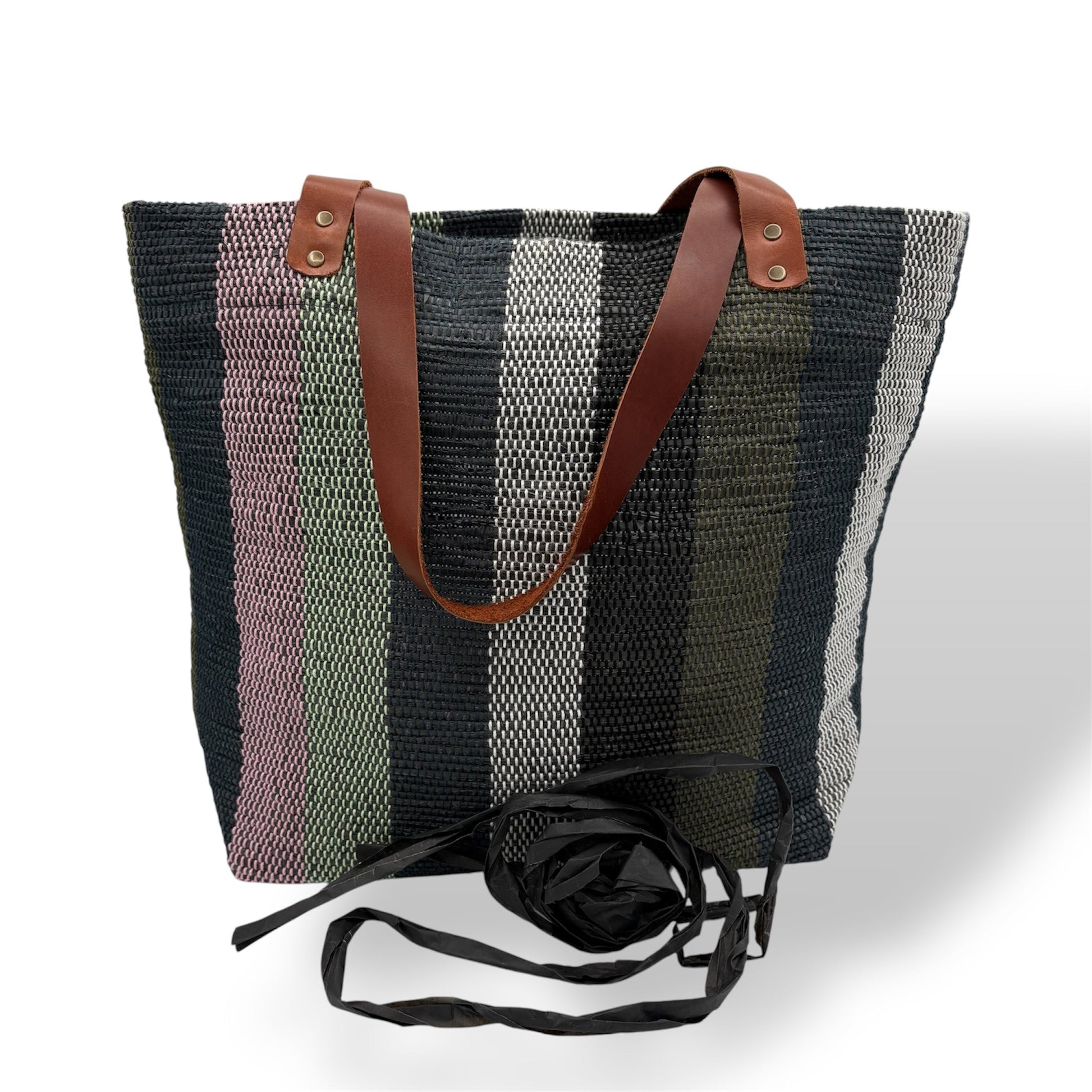 Upcycled Tote Bag with Leather Straps - Black, Pistachio & Pink Stripes