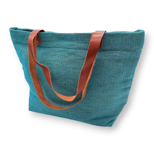 Upcycled Tote Bag with Leather Straps - Blue