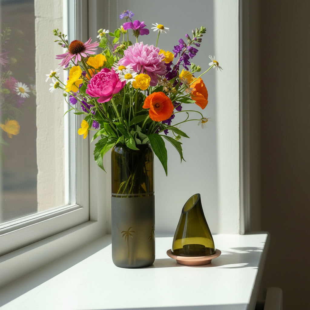 Fair Trade Upcycled Glass Siwa Palms Vase, Sustainable Ethically Handmade Home Decor