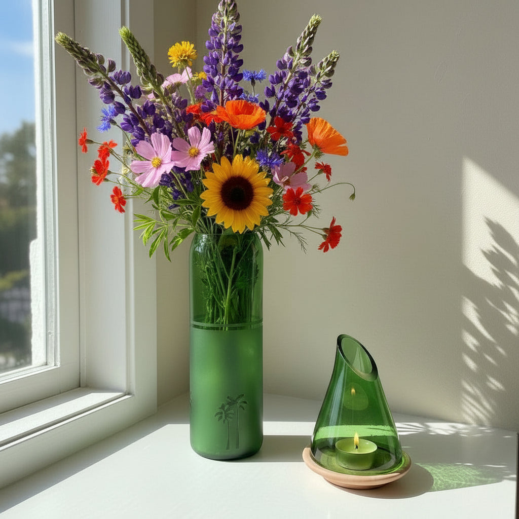 Fair Trade Upcycled Glass Siwa Palms Vase, Sustainable Ethically Handmade Home Decor