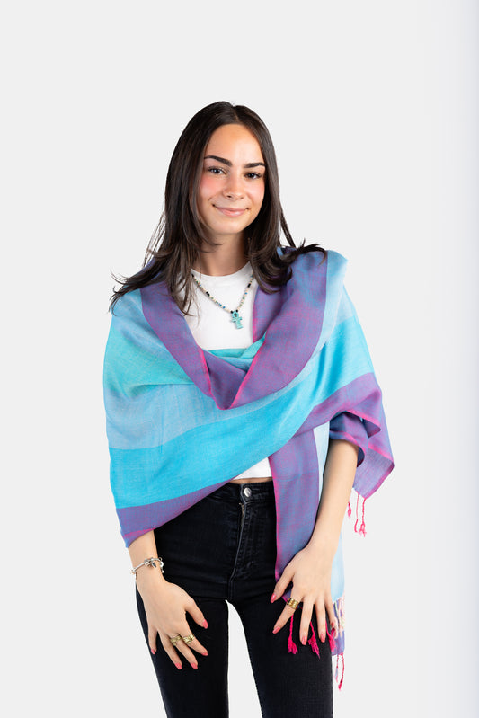 Wide Striped Handwoven Bamboo Viscose Scarf - Turquoise