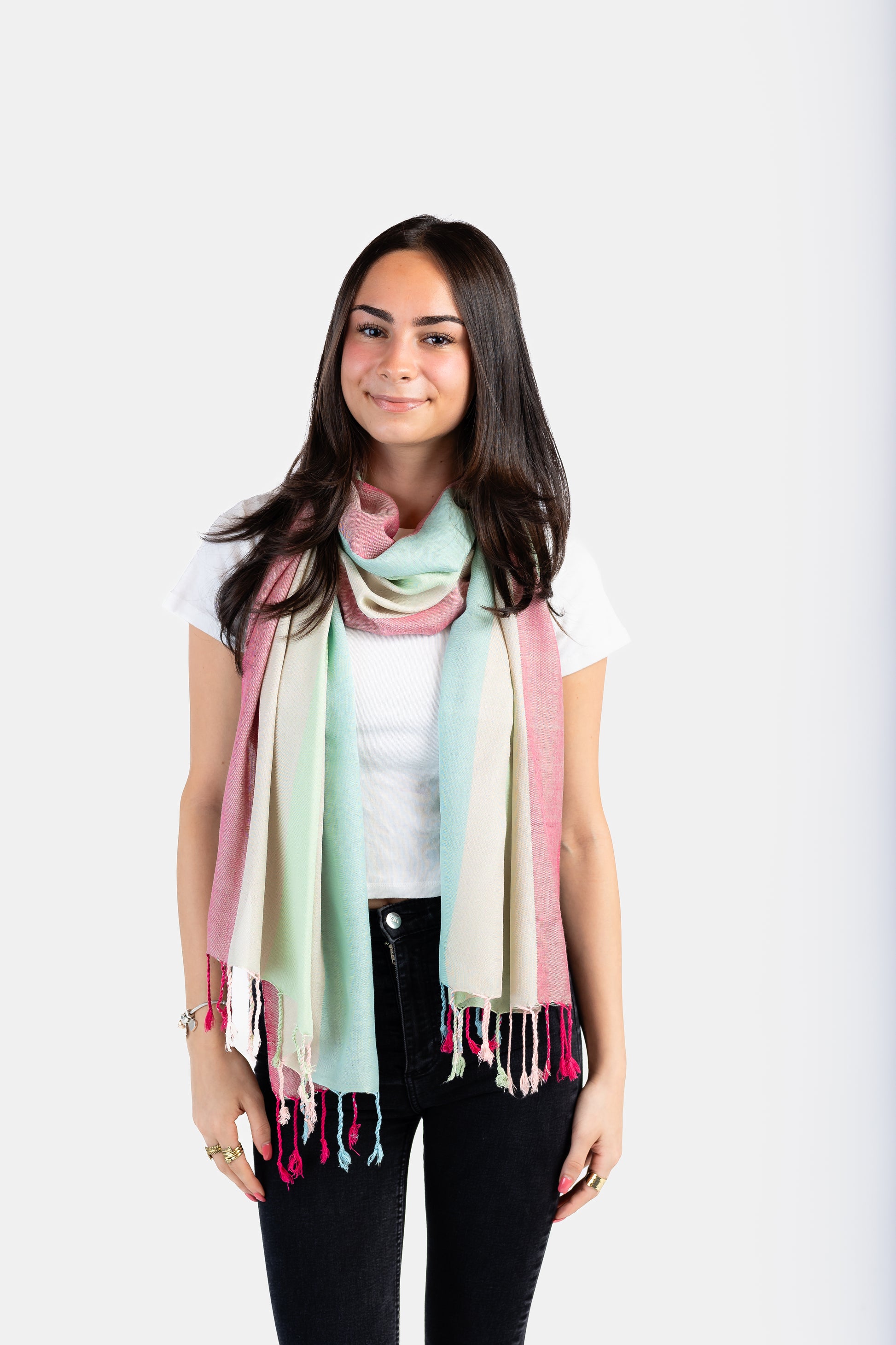 Wide Striped Handwoven Bamboo Viscose Scarf - Pink & Pistachio