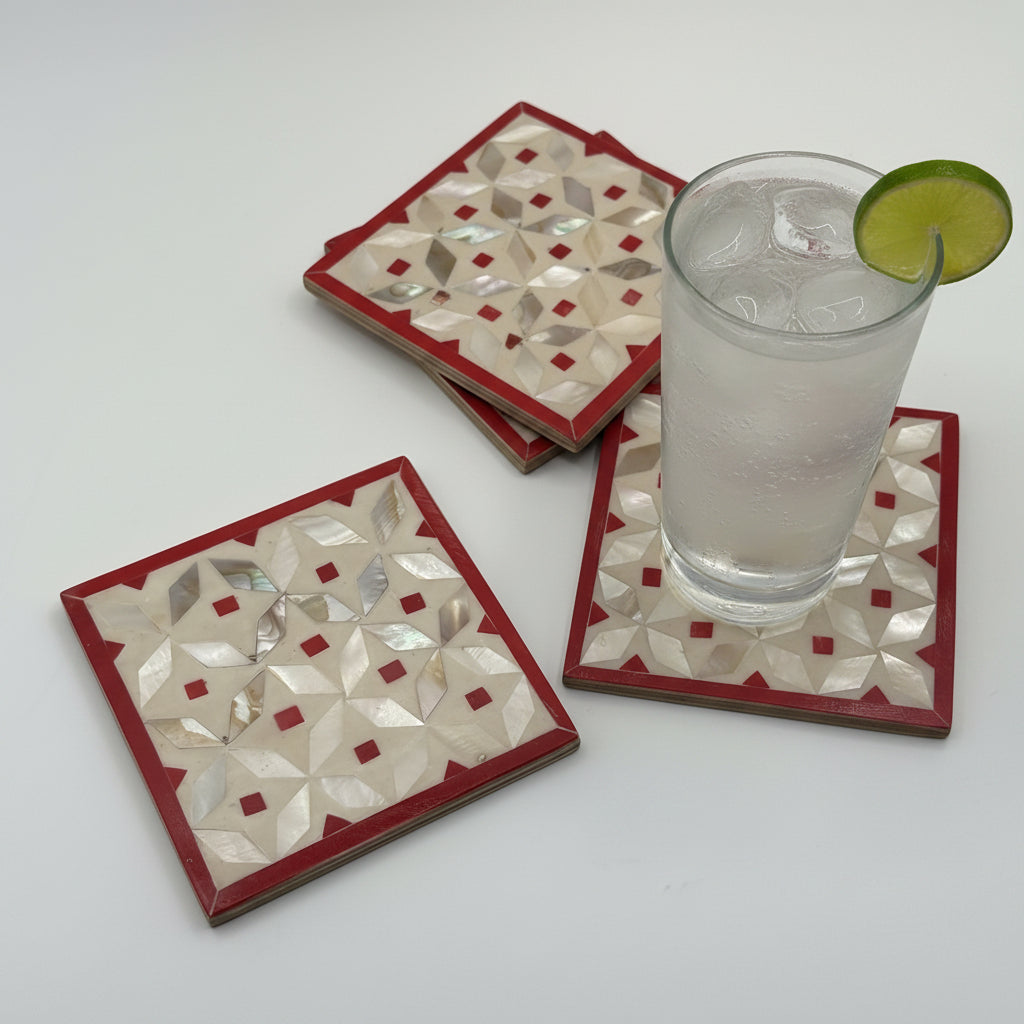 Wood Coaster Inlaid with Mother of Pearl (Set of 4) - Kaleidoscope Red