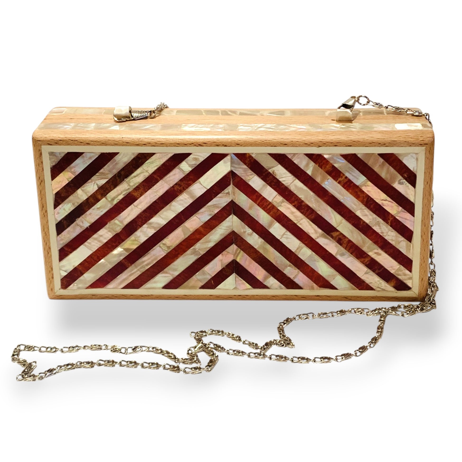 Ethically Handcrafted Wood Clutch Inlaid with Mother of Pearl by Women Artisans. Fair Trade