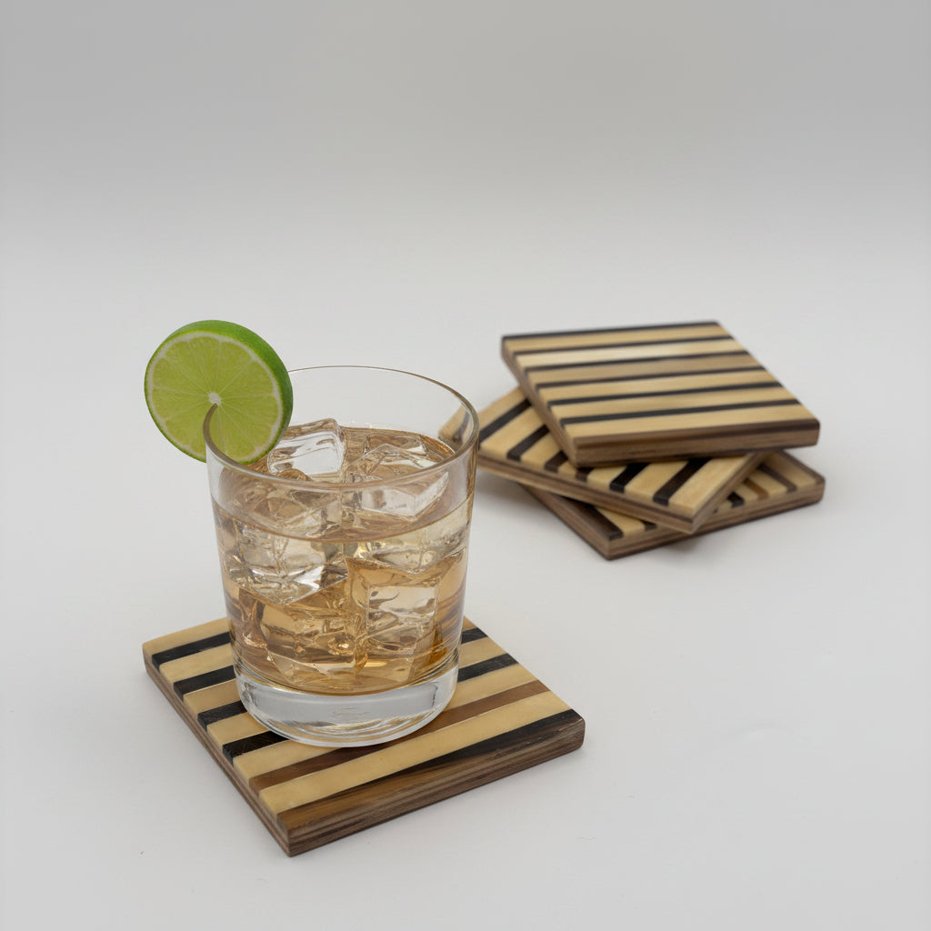 Set of 4 wooden coasters inlaid with camel bone with dark brown and beige stripe pattern, fair trade