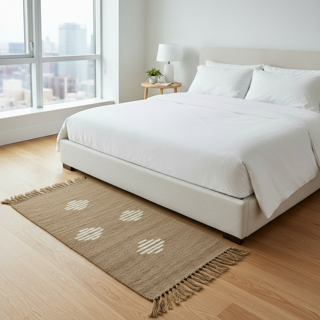 Natural Wool Beige Handwoven Kilim Rug with Geometric Pattern and Fringes, Fair Trade, Ethically Handmade