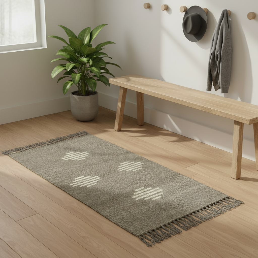 Natural Wool Greige Handwoven Kilim Rug with Geometric Pattern and Fringes, Fair Trade, Ethically Handmade