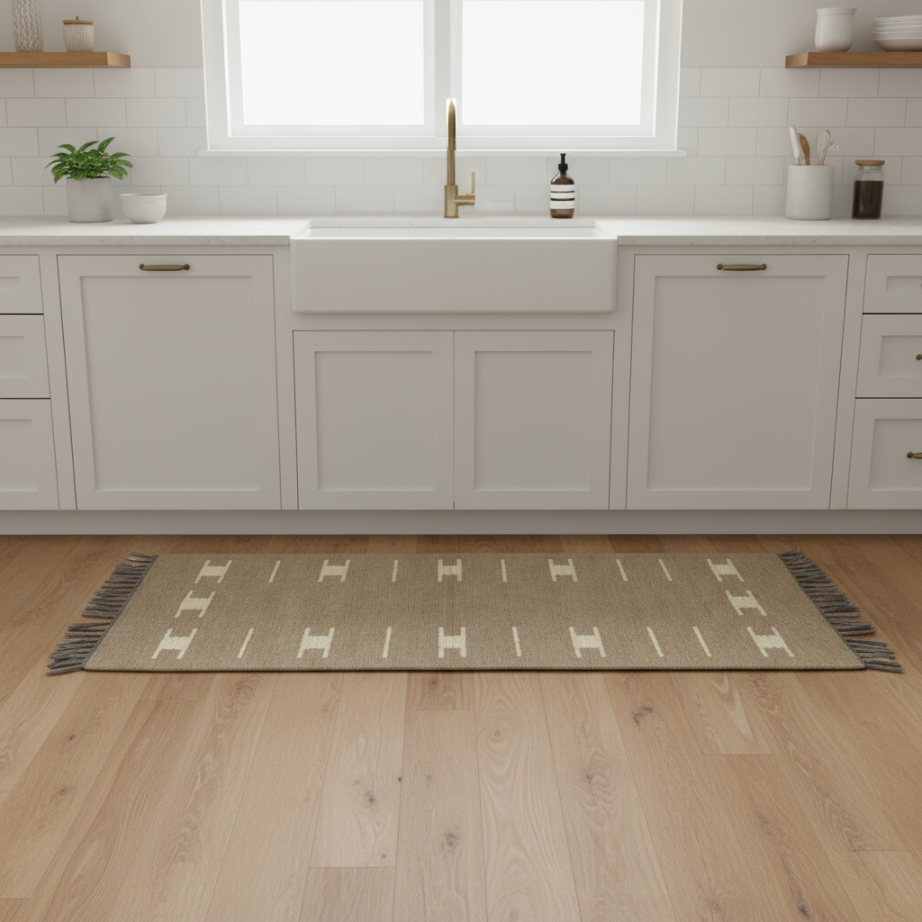 Natural Wool Beige Handwoven Kilim Rug with Geometric Pattern and Fringes, Fair Trade, Ethically Handmade