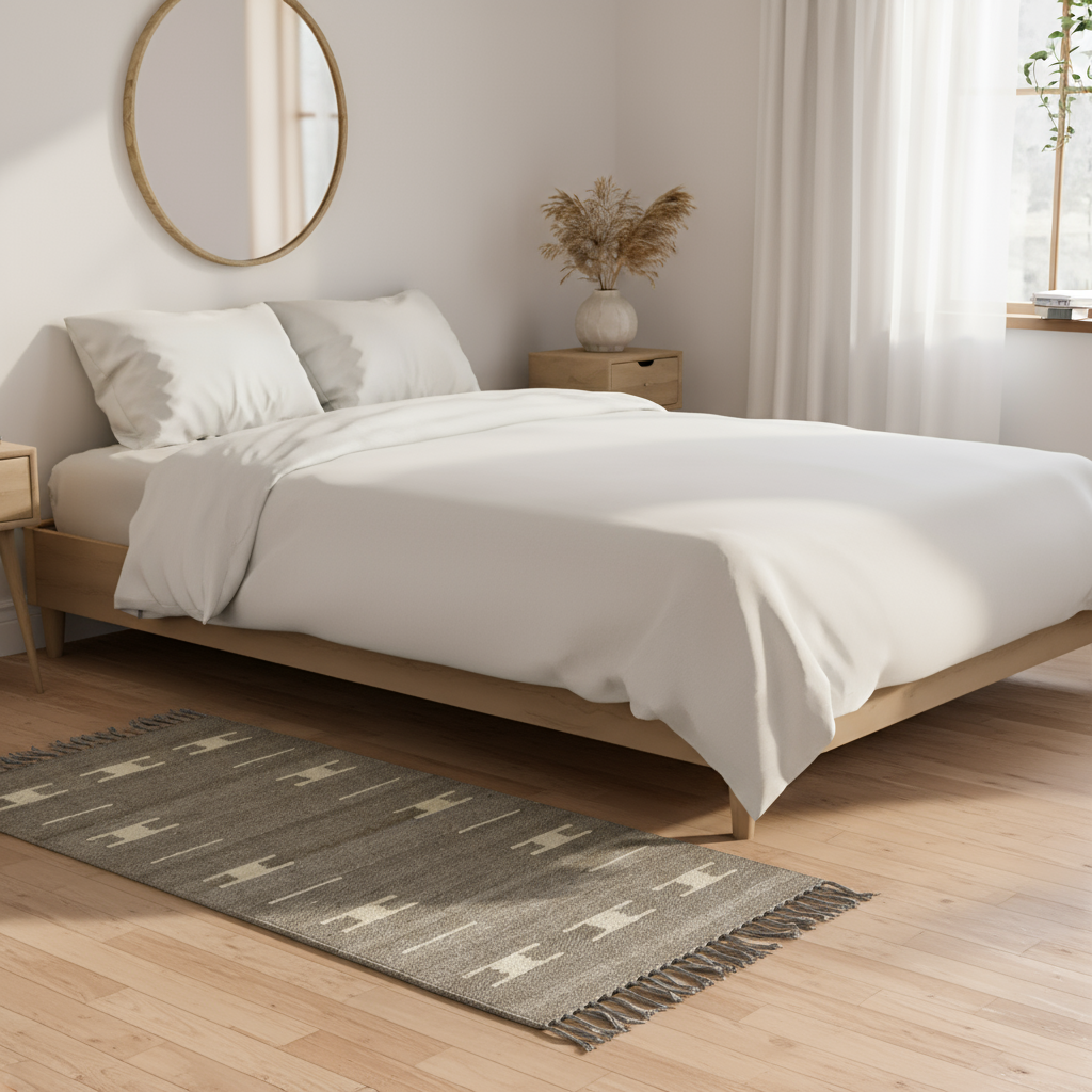 Natural Wool Beige Handwoven Kilim Rug with Geometric Pattern and Fringes, Fair Trade, Ethically Handmade