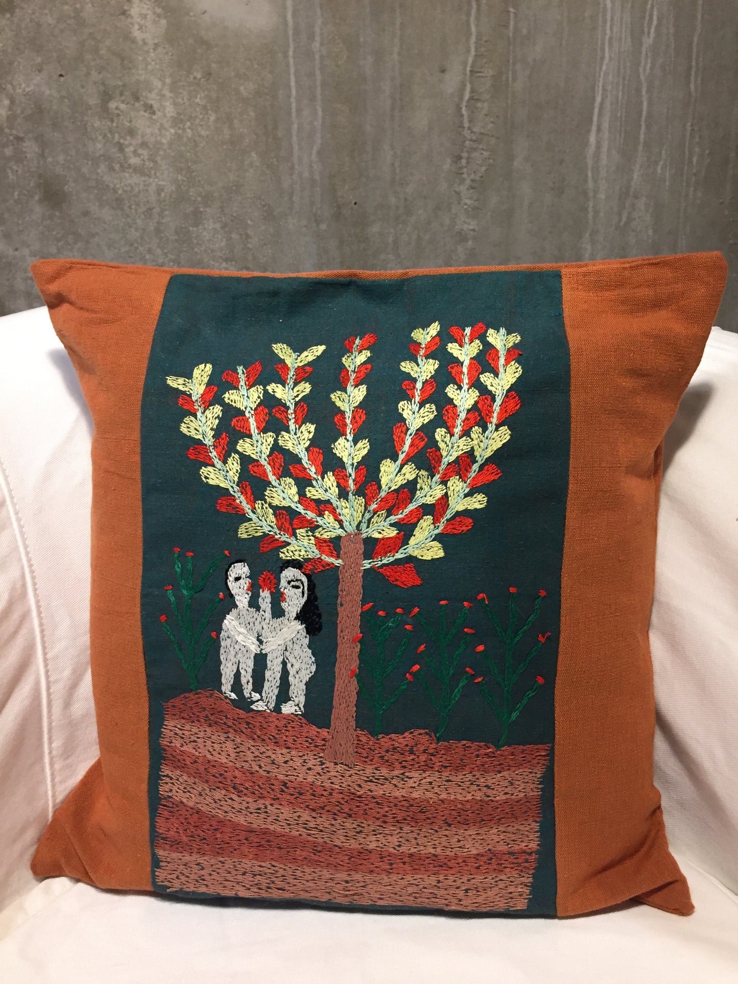 Handwoven Egyptian Cotton Cushion Cover - Hand Embroidered Art - Adam & Eve