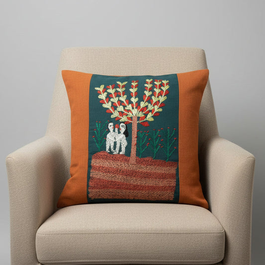 Handwoven Egyptian Cotton Cushion Cover - Hand Embroidered Art - Adam & Eve