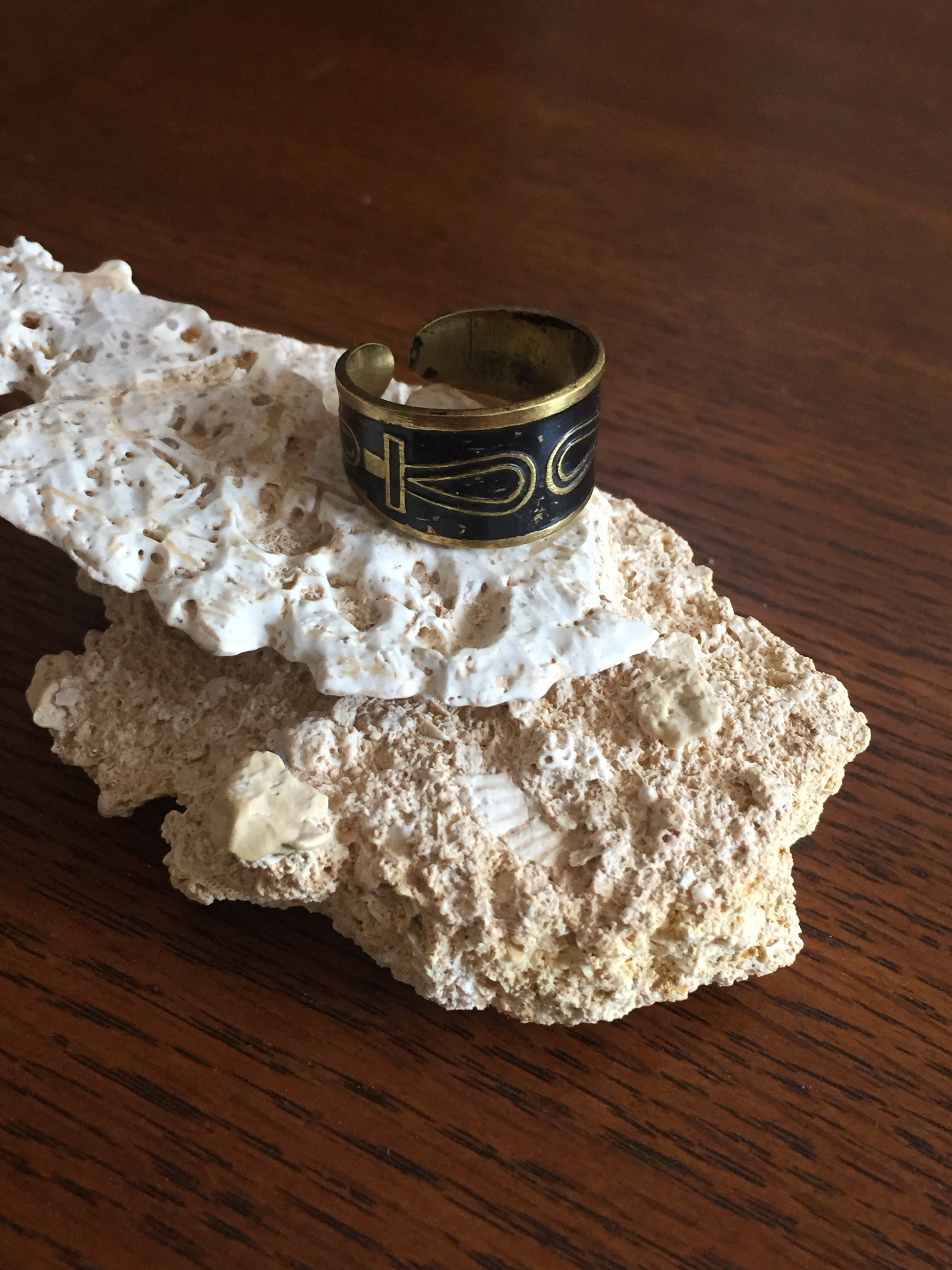 Handmade Copper Band Ring - Key of Life: Black
