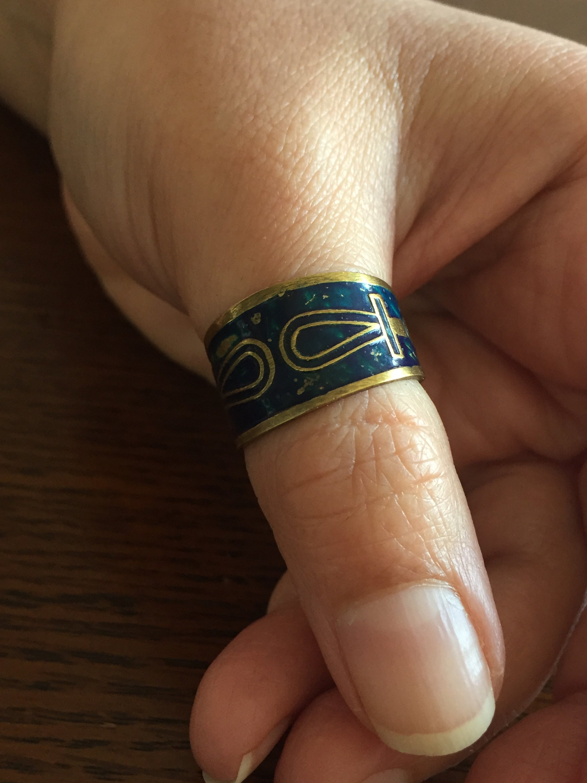 Handmade Copper Band Ring - Key of Life: Blue