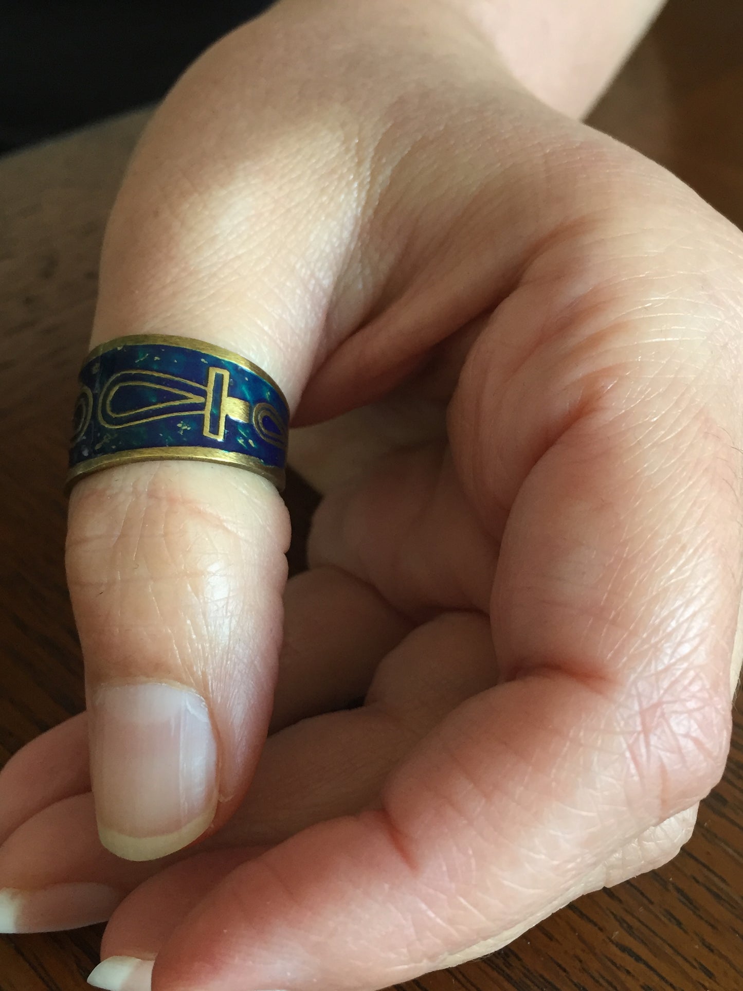 Handmade Copper Band Ring - Key of Life: Blue