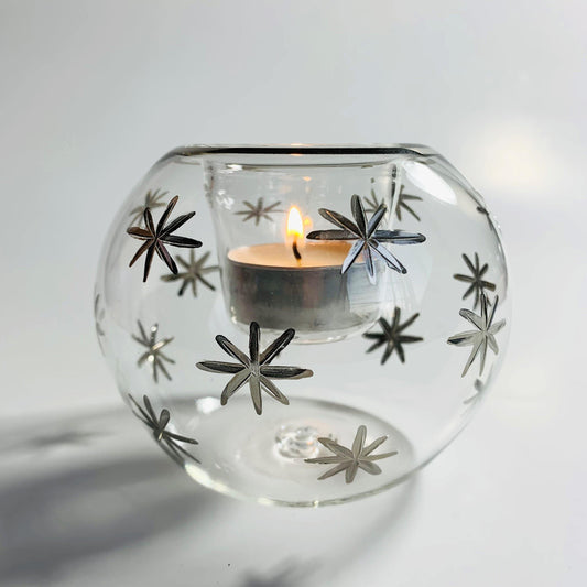 Blown Glass Candle Holder - Silver Stars