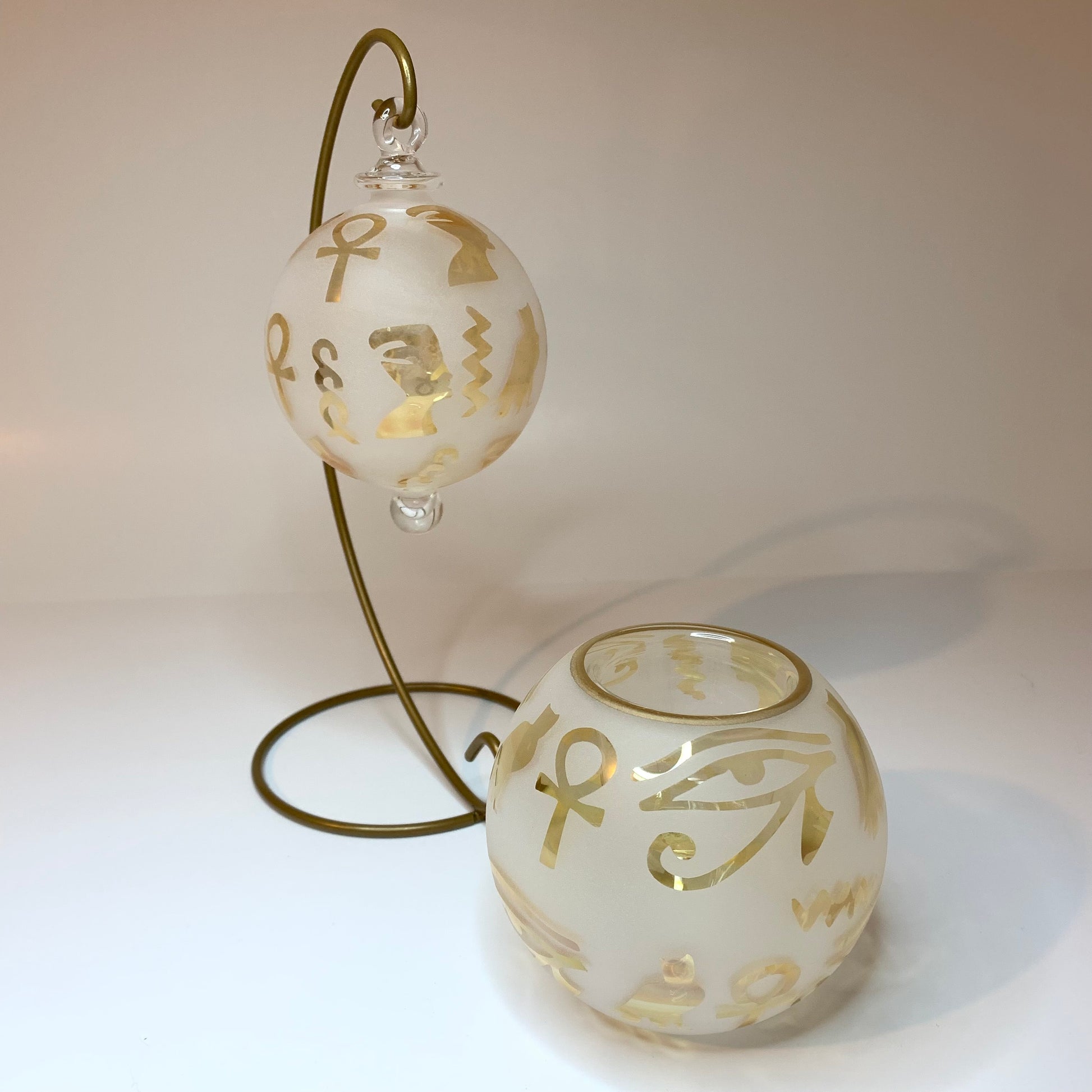 Blown Glass Candle Holder - Hieroglyphics in Yellow