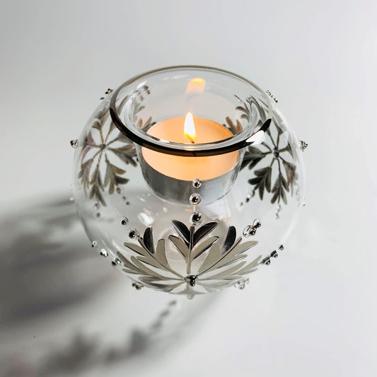 Blown Glass Candle Holder - Silver Snow Flake