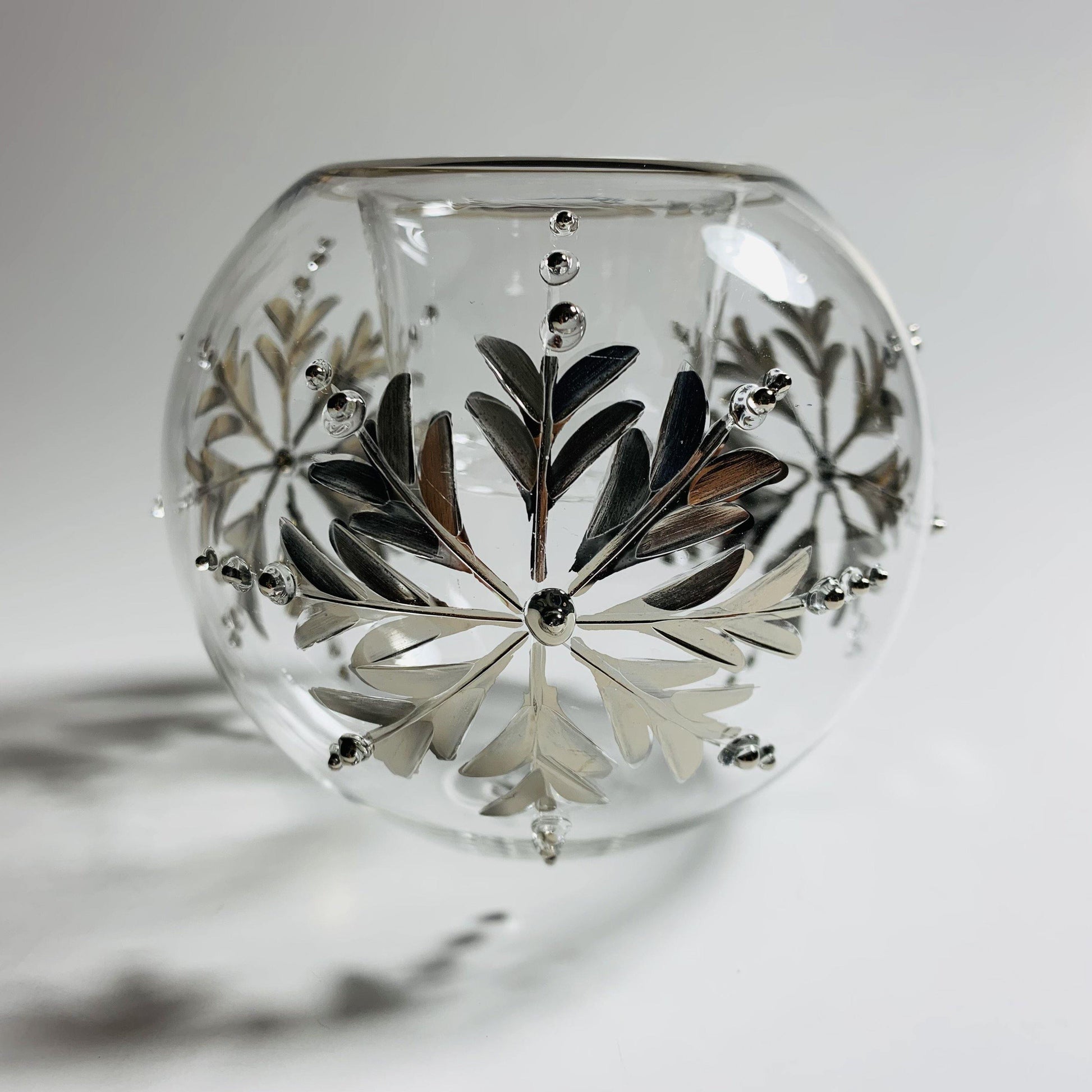 Blown Glass Candle Holder - Silver Snow Flake