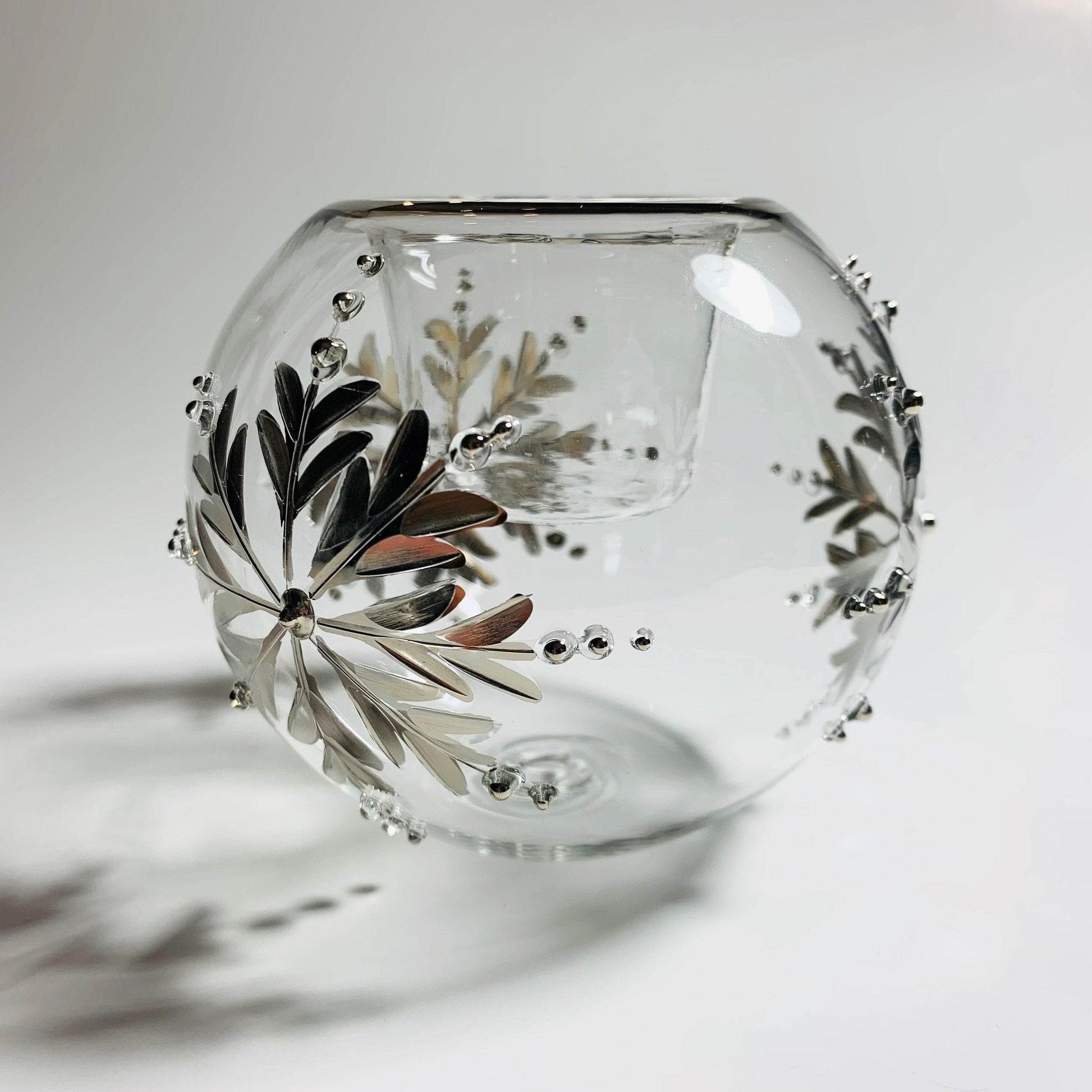 Blown Glass Candle Holder - Silver Snow Flake