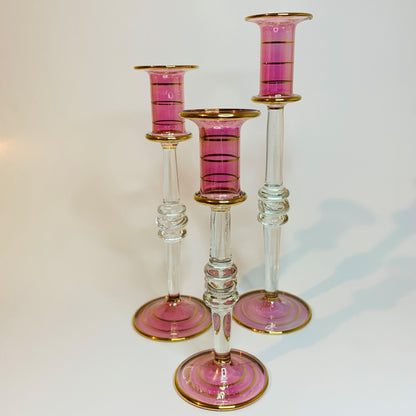 Long Stem Blown Glass Candle Holder - Pink