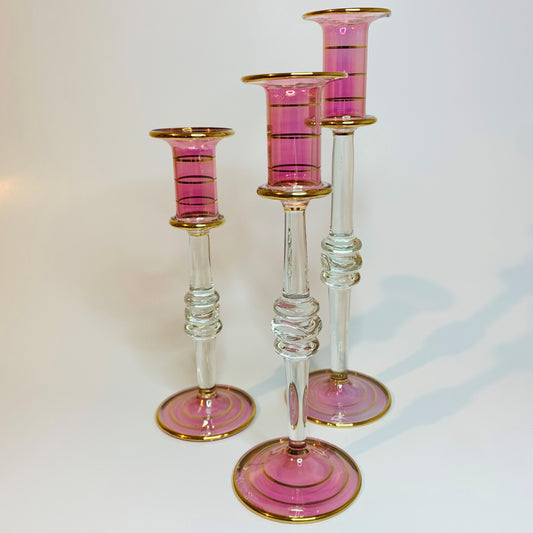 Long Stem Blown Glass Candle Holder - Pink