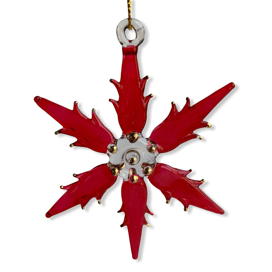 Blown Glass Ornament - Snow Flake: Red