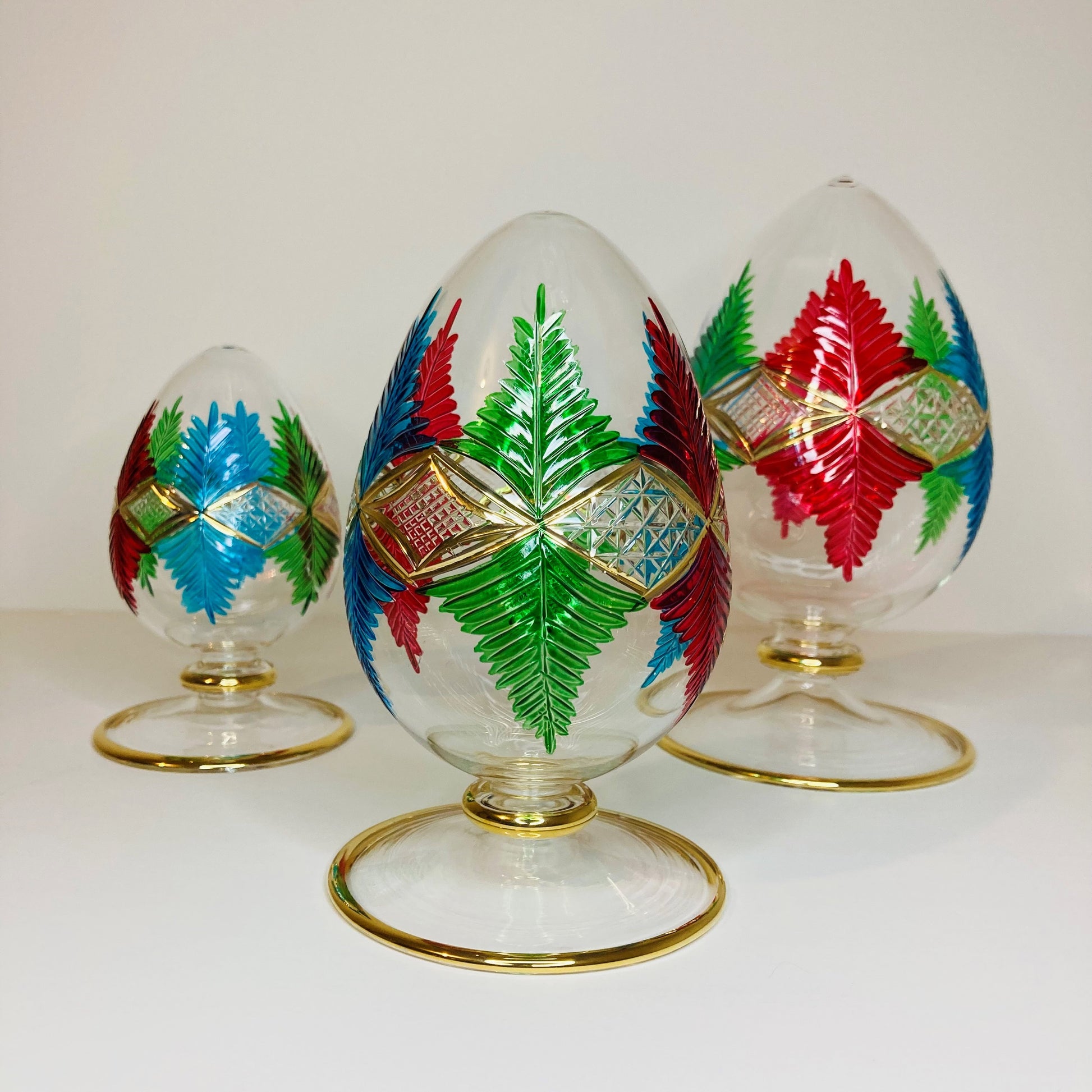 Blown Glass Tabletop Egg - Palm Leaves Red, Green & Blue