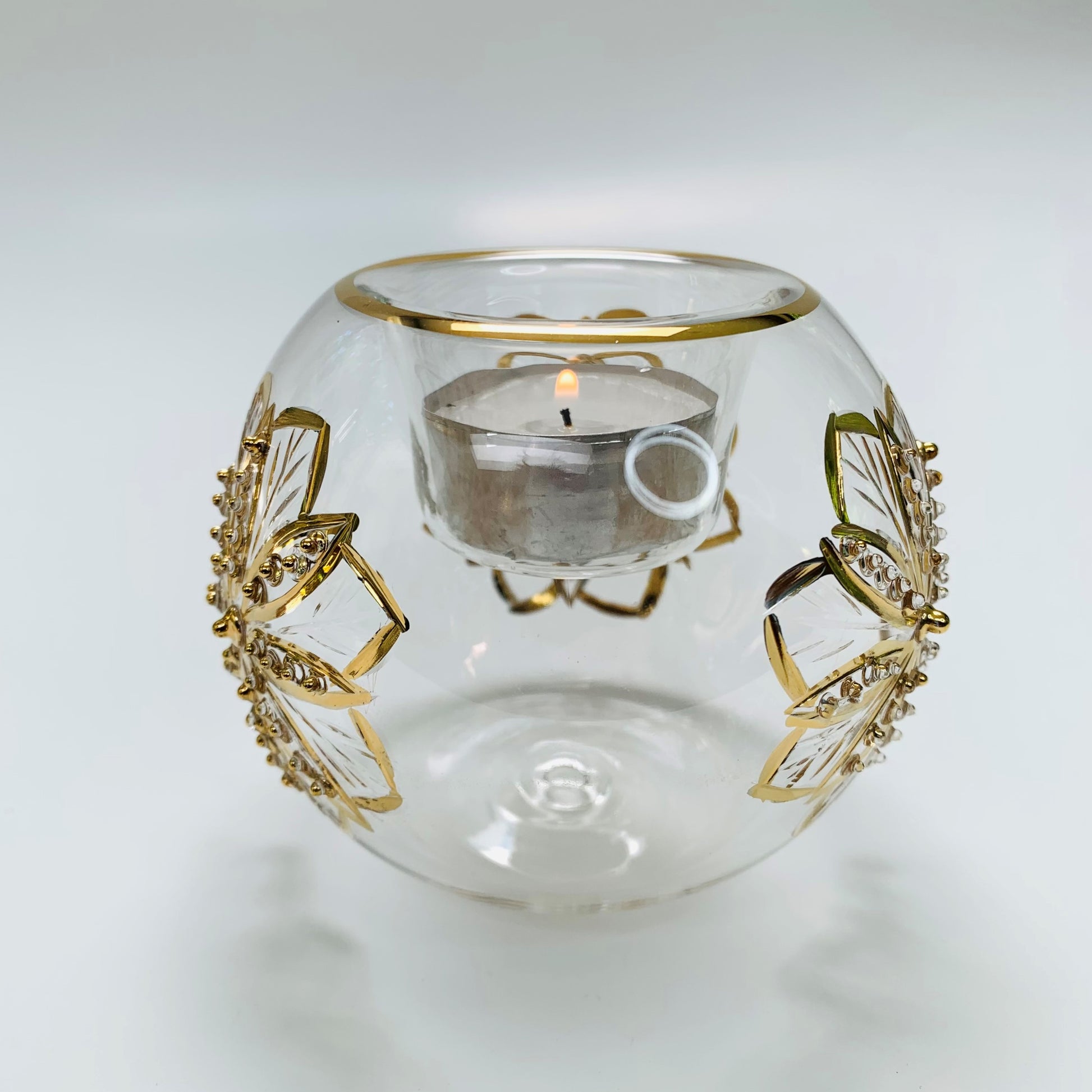 Blown Glass Candle Holder - Gold Flower