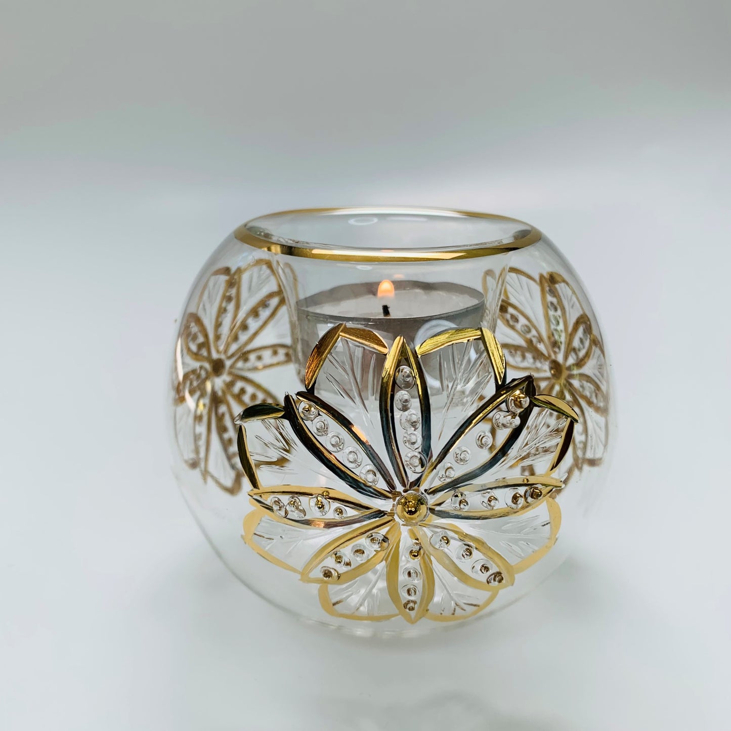 Blown Glass Candle Holder - Gold Flower