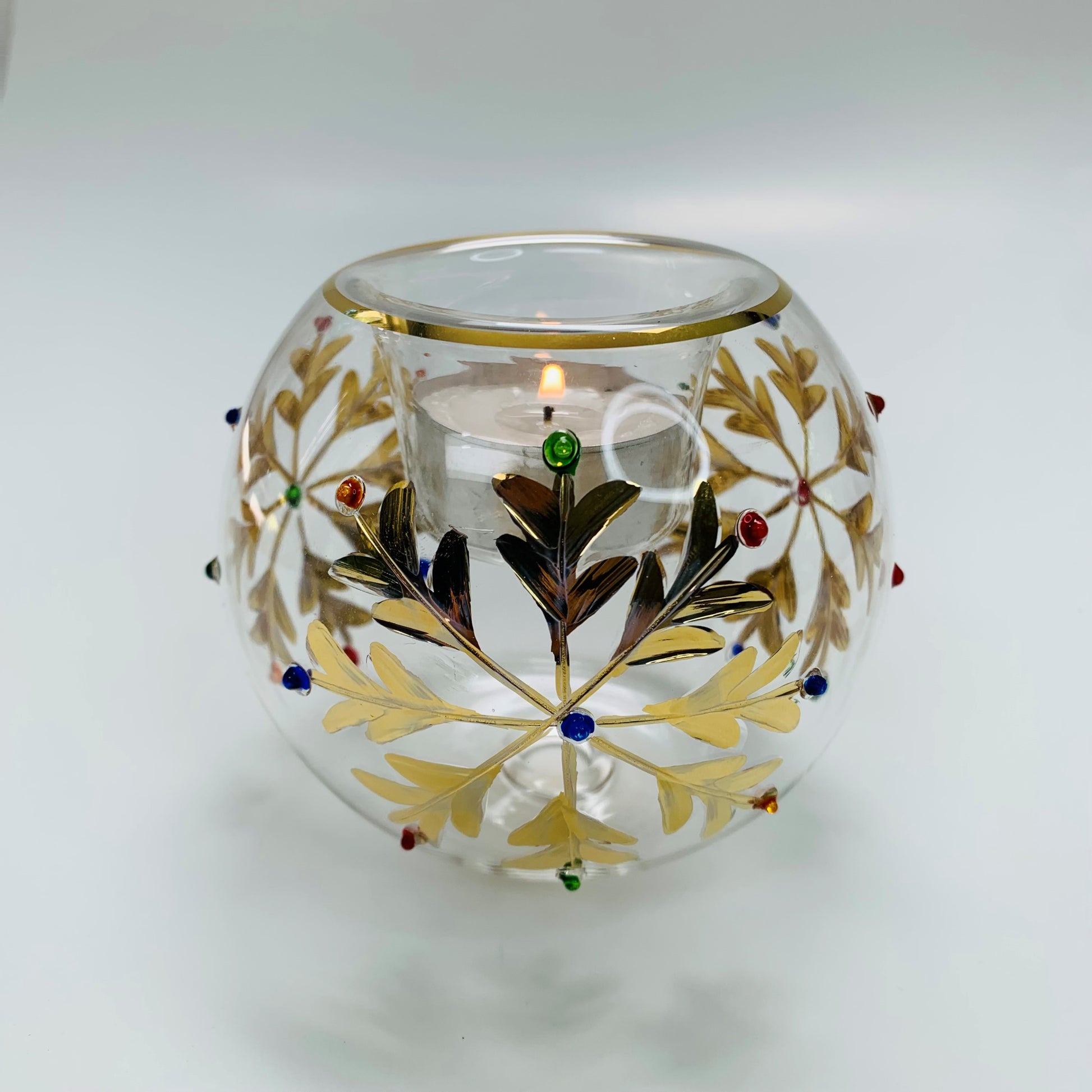 Blown Glass Candle Holder - Gold Snow Flake with Colors