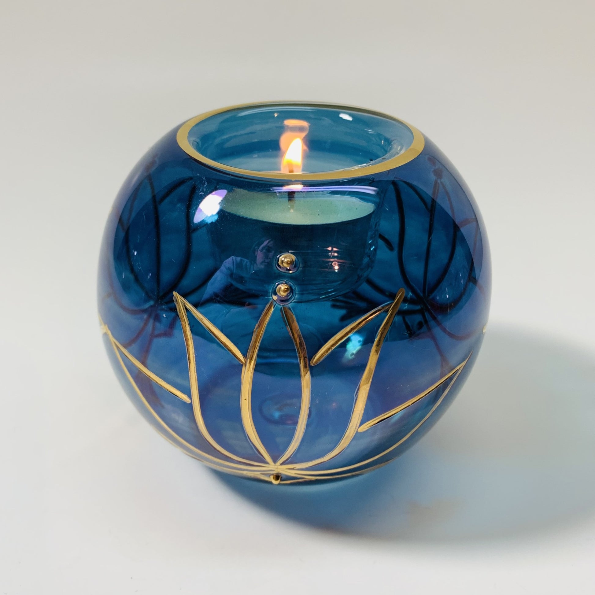 Blown Glass Candle Holder - Lotus Blue