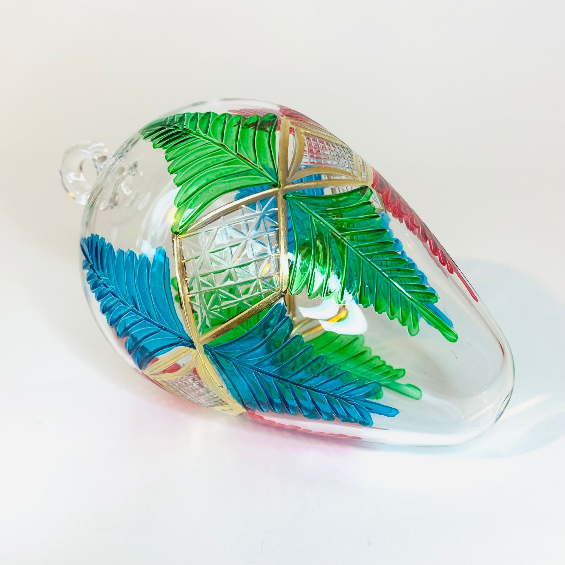 Blown Glass Egg Ornament - Palm Leaves Red, Green & Blue