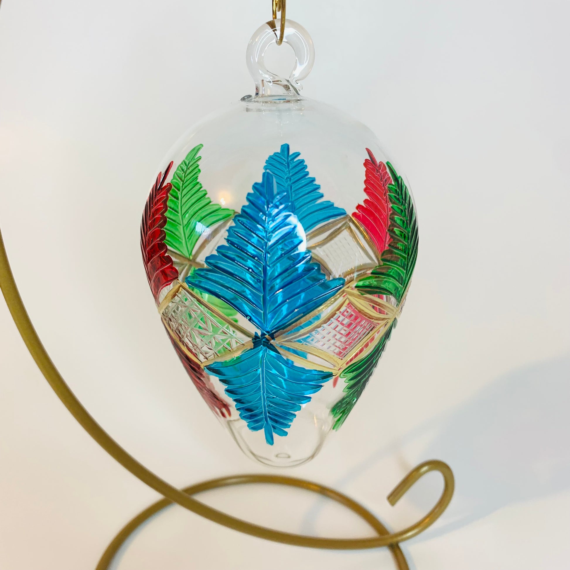 Blown Glass Egg Ornament - Palm Leaves Red, Green & Blue