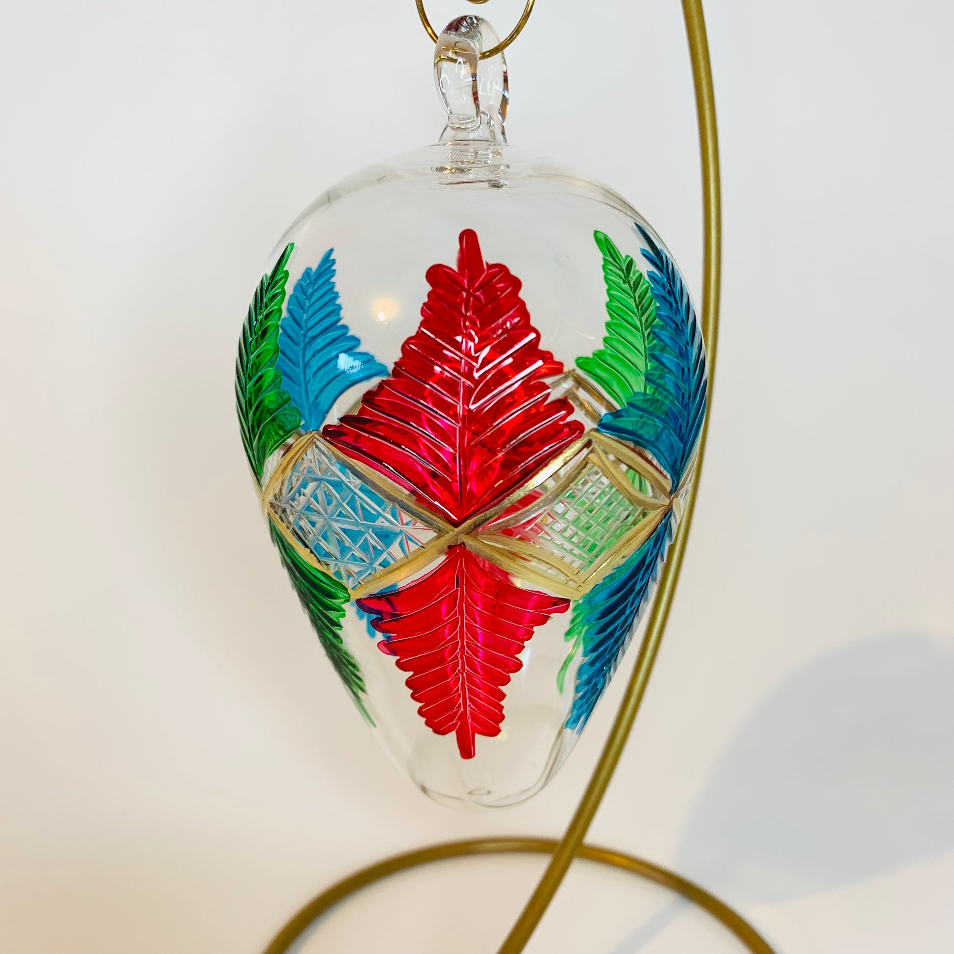 Blown Glass Egg Ornament - Palm Leaves Red, Green & Blue
