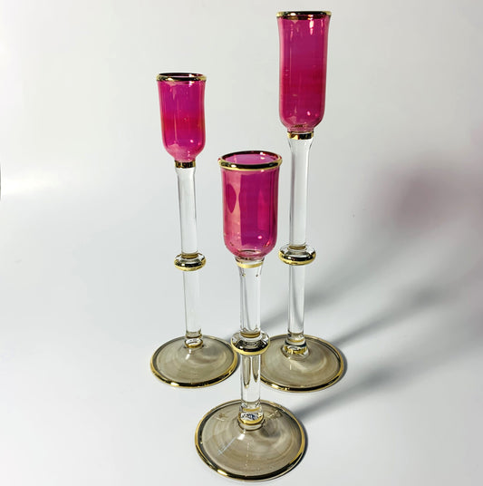 Long Stem Blown Glass Candle Holder - Tulip Magenta