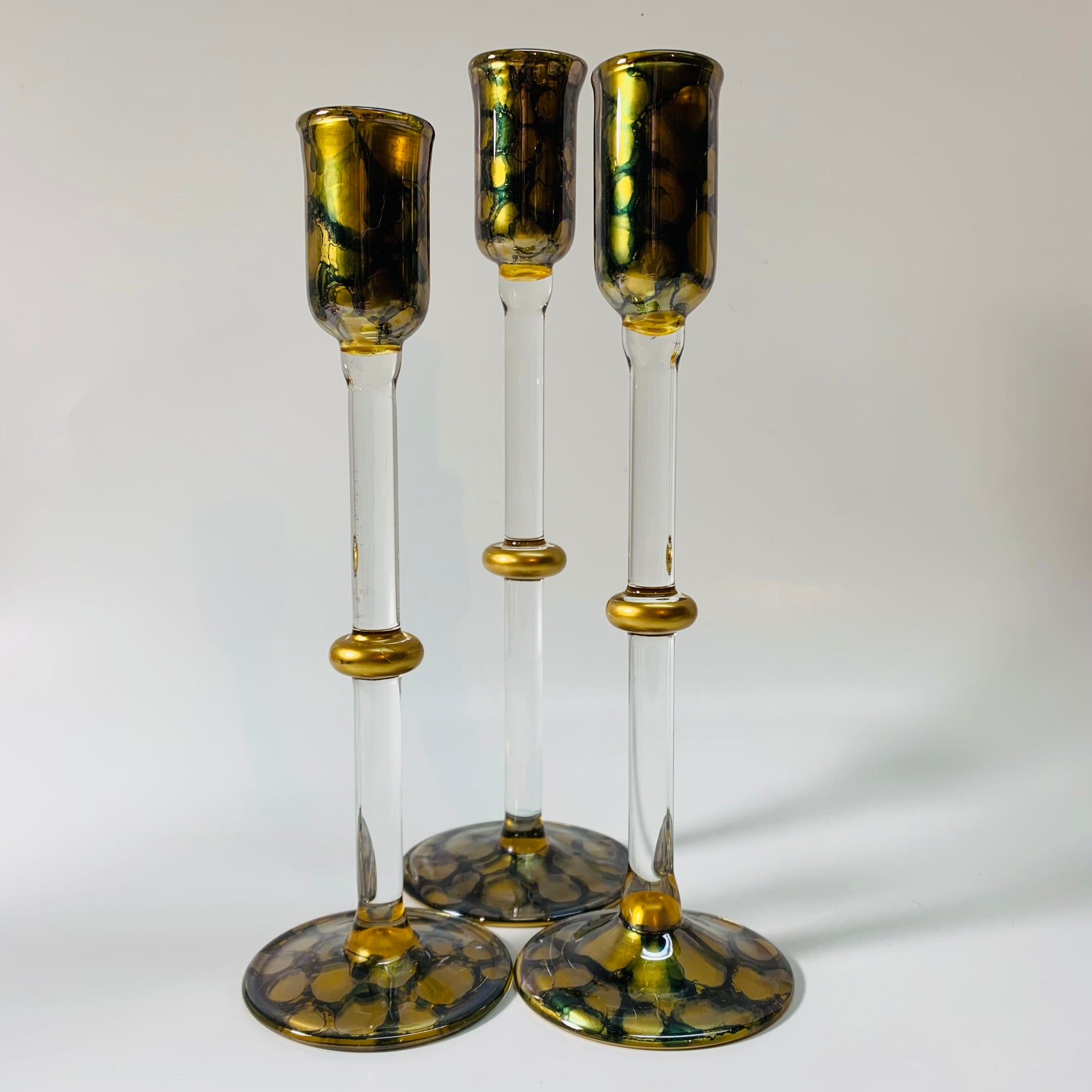 Long Stem Blown Glass Candle Holder - Tulip Gold & Teal